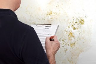 High humidity damage concept: man with a german inspection checklist in front of a white wall overgrown with mould, mildew or fungus.